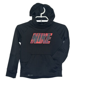 Nike Dri Fit Hooded Sweatshirt Girls Sz 5‎ Small Black Pink Logo Kangaroo Pocket